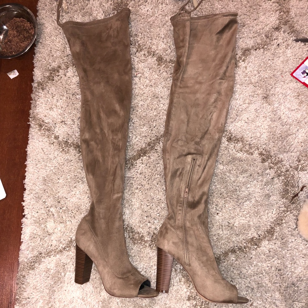 Thigh high/over the knee suede peep toe heel boots